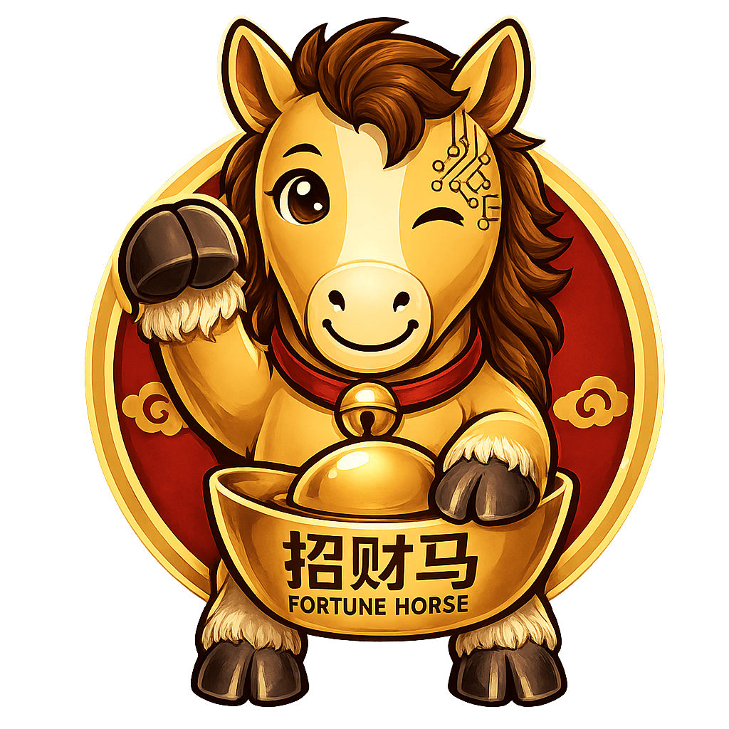 财满推招财马吉祥物 · 头部电路纹象征自进化 AI 代理